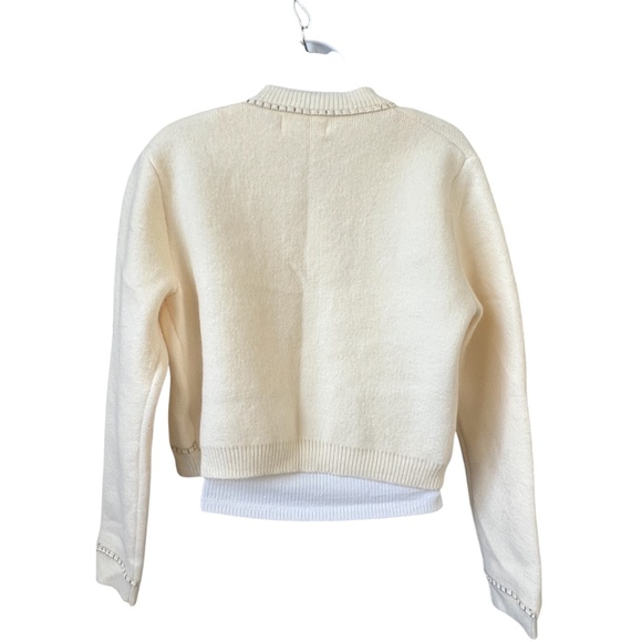 Knit Mix Sweater Cardigan Fancy Buttons Size L Cream Gold Trim Party Holidays - Picture 2 of 5